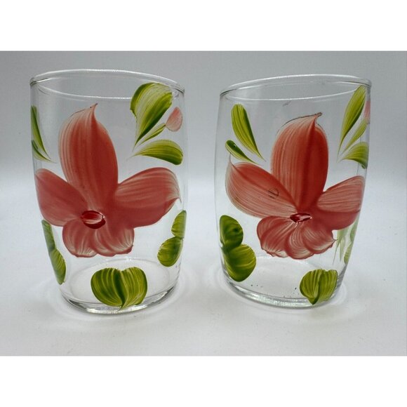 2 Bartlett Collins Gay Fad Handpainted juice glasses Pink Floral 3.25" - Picture 1 of 7